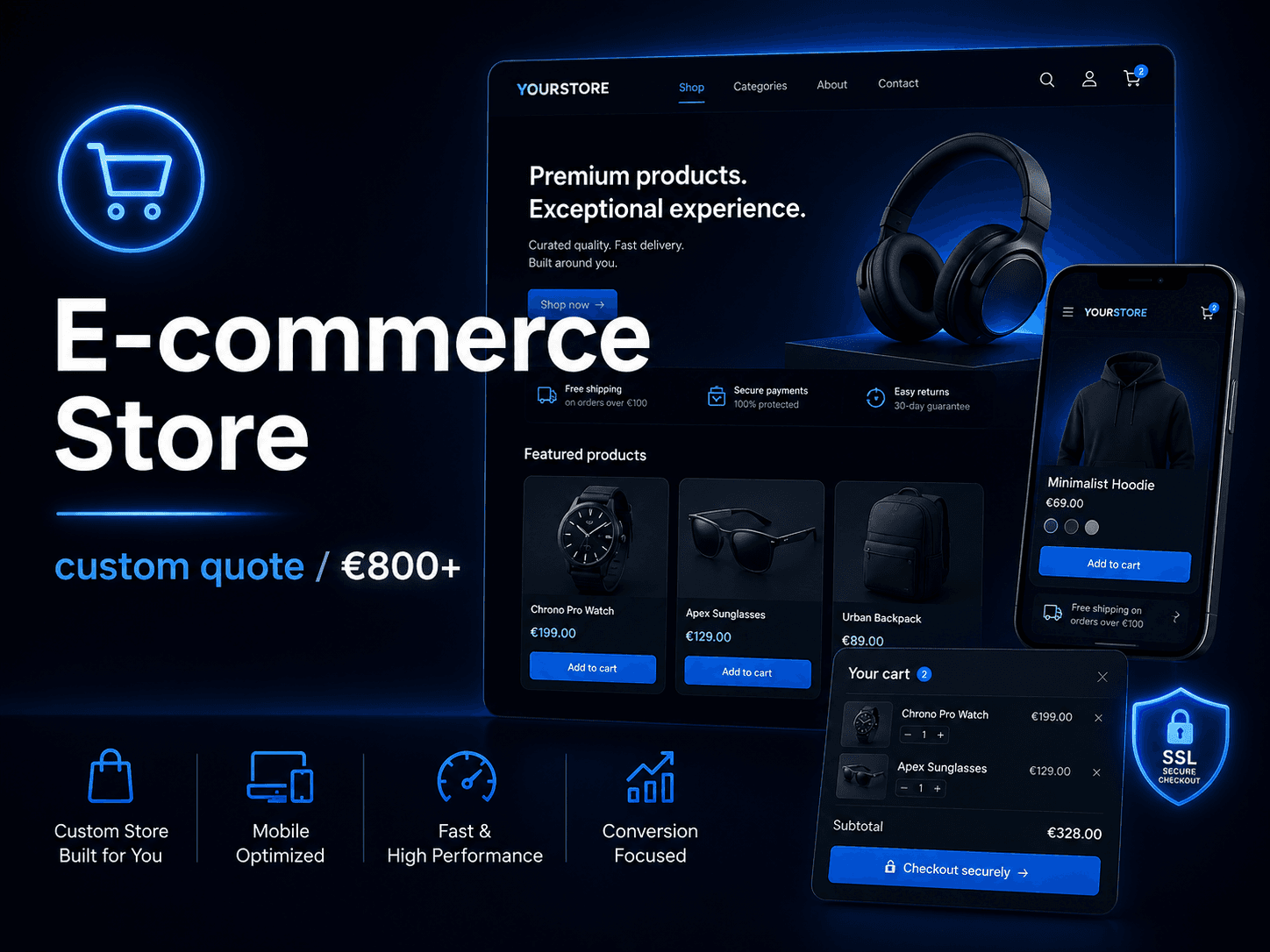 E-commerce Store service showing a modern online shop across devices